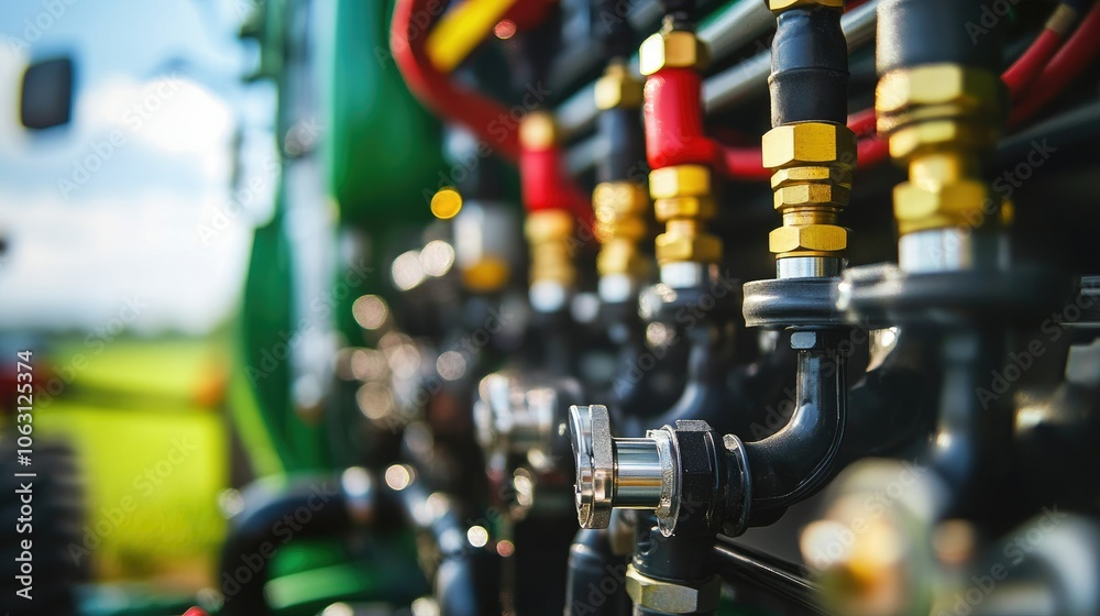 Detailed view of hydraulic piping and valve systems on a piece of farming equipment. Detailed view of hydraulic piping and valve systems on a piece of farming equipment.