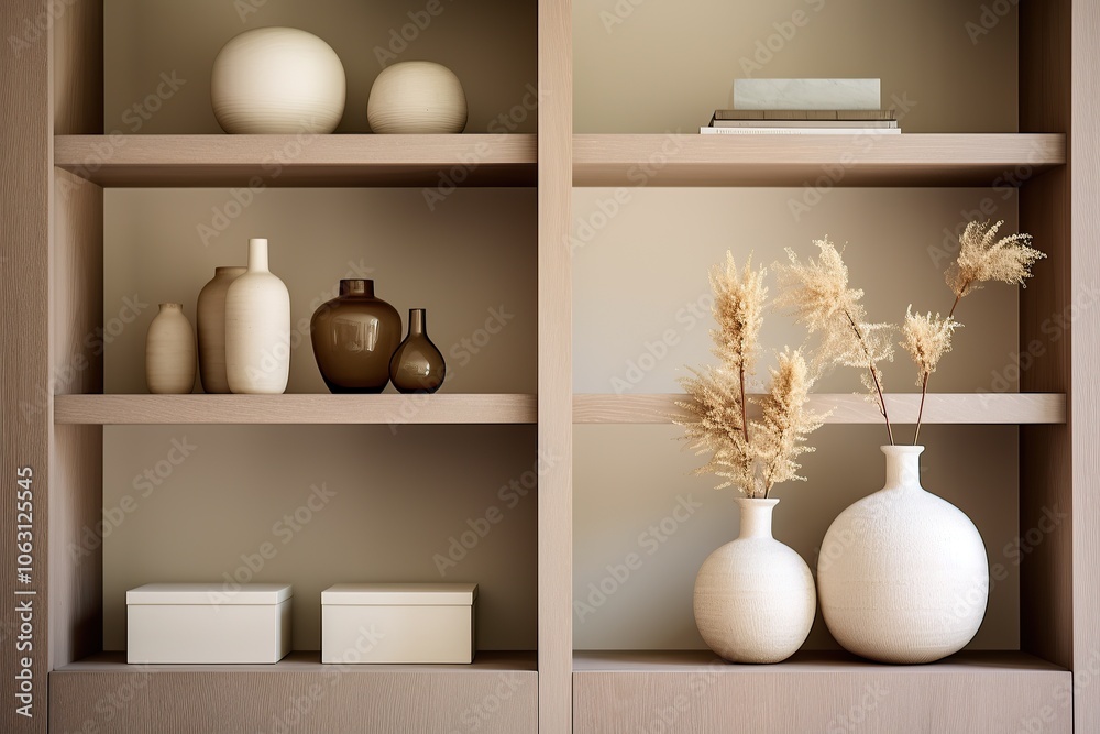Minimalist shelving with neutral vases and dried plants. Minimalist shelving with neutral vases and dried plants.