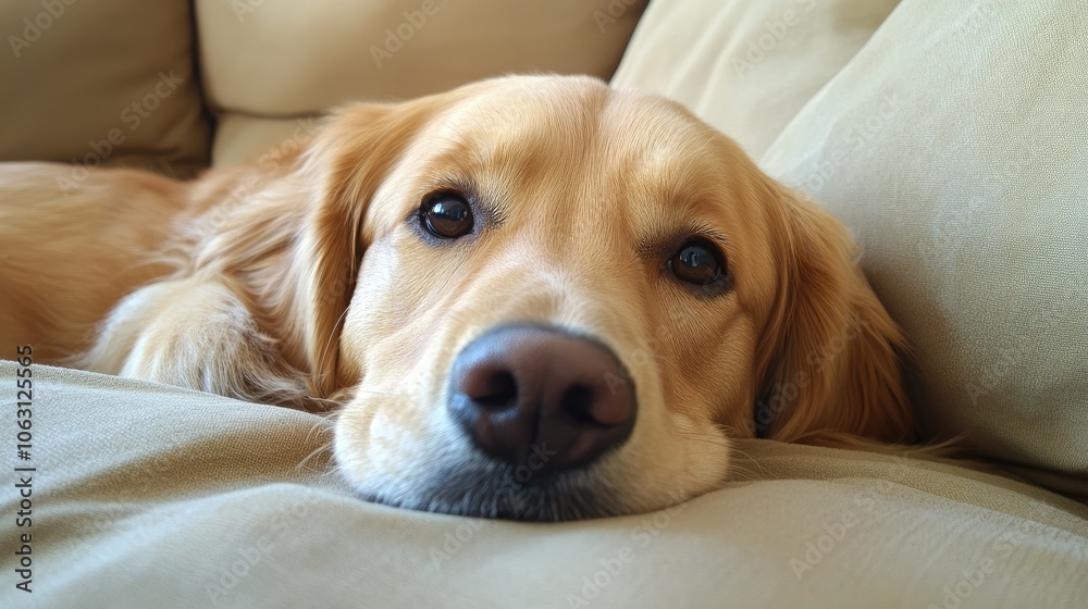 Dog relaxing on a couch at home, looking at the camera with an adorable head tilt. Dog relaxing on a couch at home, looking at the camera with an adorable head tilt.