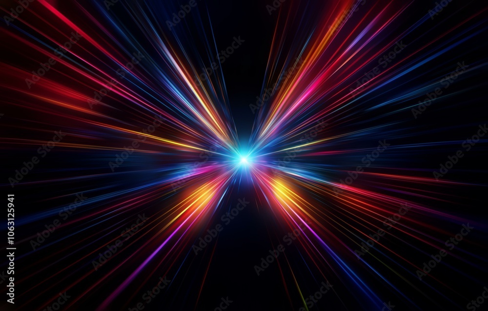 A bright, white light shines at the center of a dark background, with streaks of red, orange, yellow, blue, and purple light radiating outward in an X-shape. A bright, white light shines at the center of a dark background, with streaks of red, orange, yellow, blue, and purple light radiating outward in an X-shape.