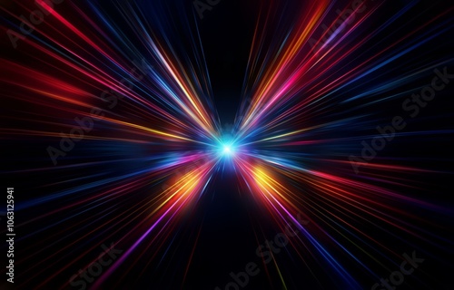 A bright, white light shines at the center of a dark background, with streaks of red, orange, yellow, blue, and purple light radiating outward in an X-shape.