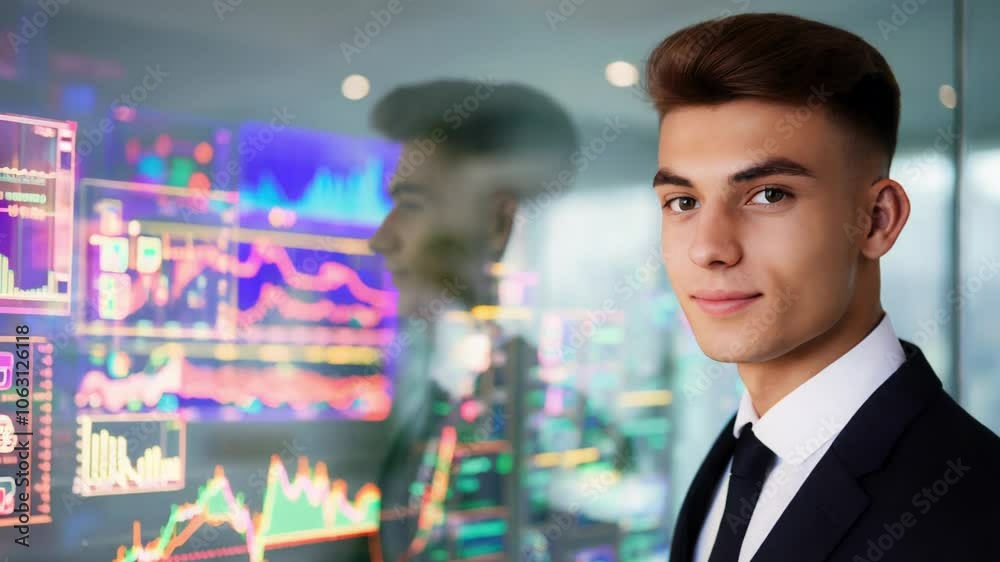 A Young Businessman turns his head to look into the camera, in front of him is a huge glass screen covered chart and financial reports. 4k footage. graphic resource. A Young Businessman turns his head to look into the camera, in front of him is a huge glass screen covered chart and financial reports. 4k footage. graphic resource.
