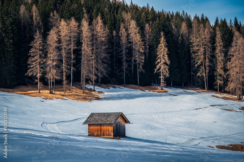 Dolomites in winter. Val Fiscalina, between peaks, larch forests, mountain pines and warm huts. photo