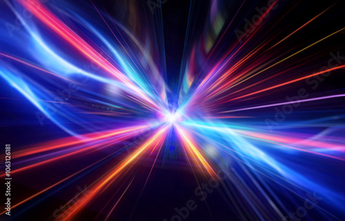 Abstract digital art with a central burst of light, radiating outward in streaks of red, orange, blue, and white.