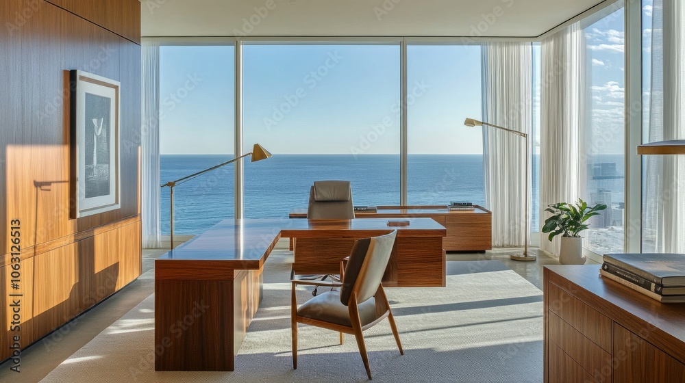 Corner office with a 180-degree ocean view, elegant furniture, and a clean, minimalist setup to keep the focus on the scenery Corner office with a 180-degree ocean view, elegant furniture, and a clean, minimalist setup to keep the focus on the scenery
