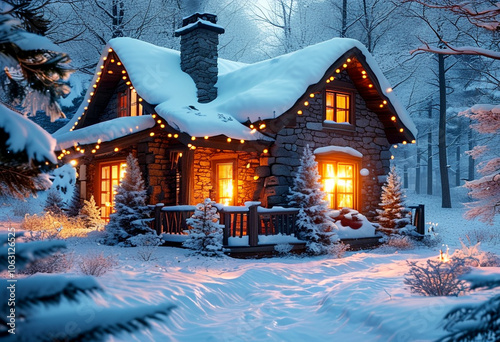 Cozy winter cabin adorned with twinkling lights in a snowy forest at dusk