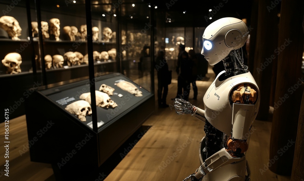 A humanoid robot stands next to a display of skulls. A humanoid robot stands next to a display of skulls.