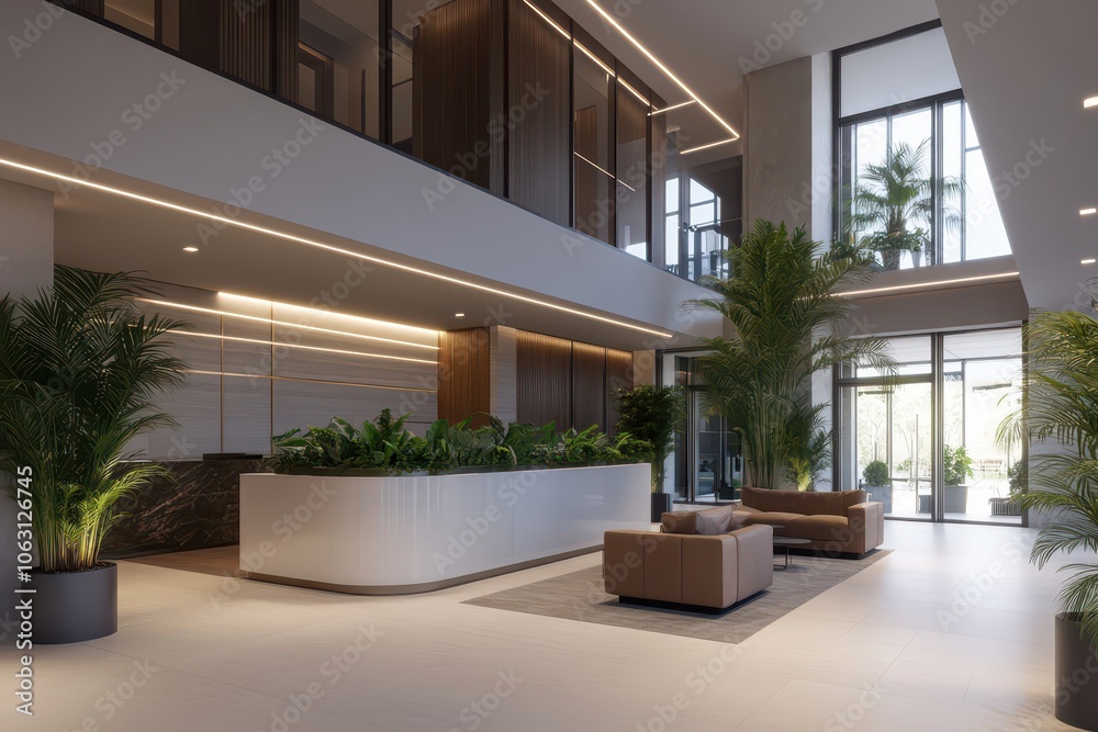Fototapeta premium Elegant high-end lobby featuring luxurious designer furniture and sophisticated decor for an upscale ambiance.
