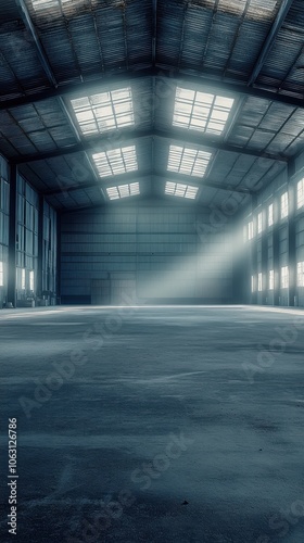 Foggy Empty Warehouse with Skylights 