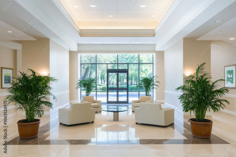 Elegant high-end lobby featuring luxurious designer furniture and sophisticated decor for an upscale ambiance. Elegant high-end lobby featuring luxurious designer furniture and sophisticated decor for an upscale ambiance.