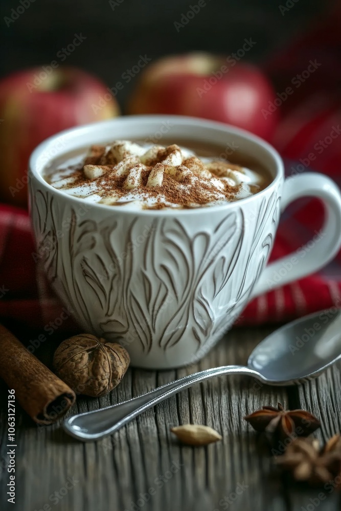 A mug filled with hot Chai Latte, Chai Tea, topped with a light dusting of cinnamon and nutmeg, A mug filled with hot Chai Latte, Chai Tea, topped with a light dusting of cinnamon and nutmeg,