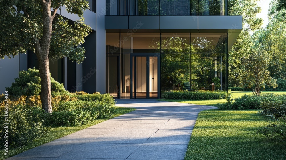 Entrance of a modern office building with glass doors, well-maintained landscaping, and a path leading to the entrance. Entrance of a modern office building with glass doors, well-maintained landscaping, and a path leading to the entrance.