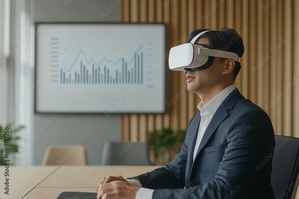 Businessman Using VR Headset During Meeting - Innovation and Technology in the Workplace Businessman Using VR Headset During Meeting - Innovation and Technology in the Workplace