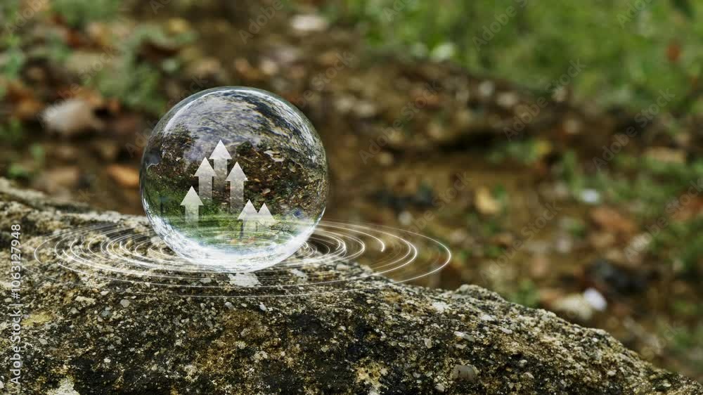 The arrows move upwards inside a glass sphere that lies on a stone in the forest. The idea of photosynthesis. Foliage of trees shivers in the wind The arrows move upwards inside a glass sphere that lies on a stone in the forest. The idea of photosynthesis. Foliage of trees shivers in the wind
