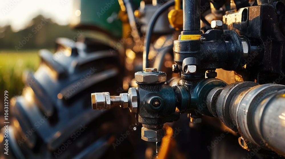 Hydraulic valve and pipe system of a tractor, showing engineering details in an agricultural setting. Hydraulic valve and pipe system of a tractor, showing engineering details in an agricultural setting.