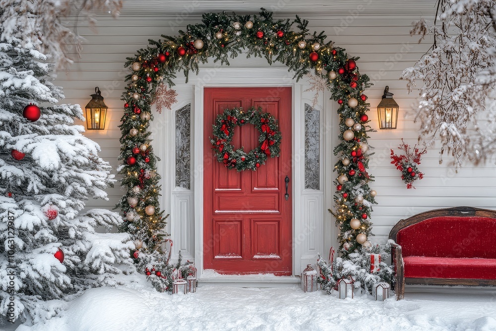 Festive Red Front Door with Christmas Garland and Lanterns on a White House: Winter Celebration Entrance Decor Festive Red Front Door with Christmas Garland and Lanterns on a White House: Winter Celebration Entrance Decor