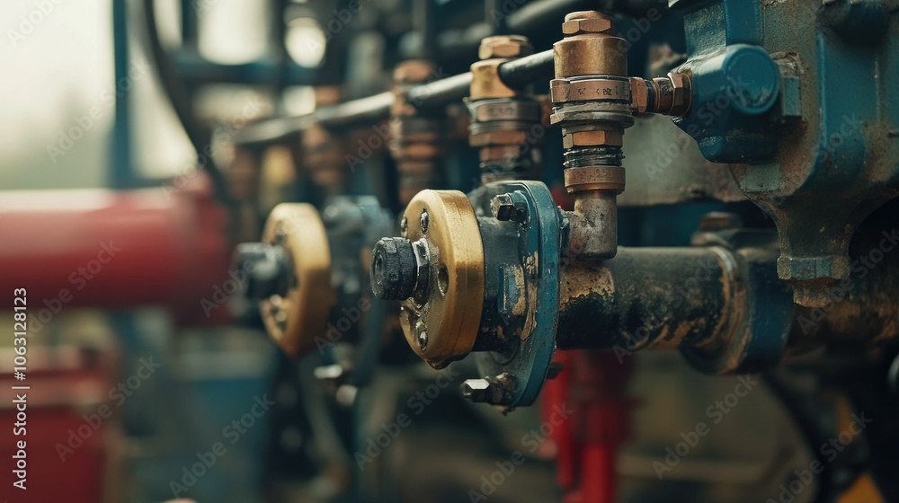 Hydraulic valve system on agricultural machinery, with pipes and connectors in detailed focus. Hydraulic valve system on agricultural machinery, with pipes and connectors in detailed focus.