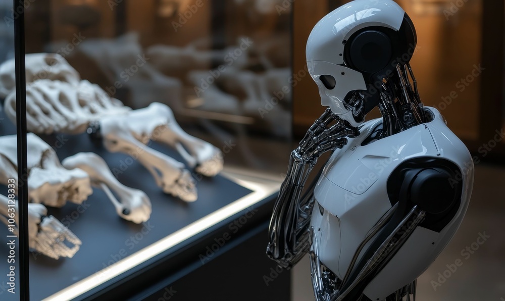 Fototapeta premium White robot contemplates bones in a display case.