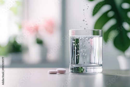Artistic depiction of a glass of water with an electrolyte tablet fizzing, showing rehydration support, Electrolyte water for rehydration, Refreshing and healthfocused