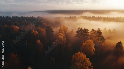 A Foggy Autumn Forest at Sunrise with Golden Light Filtering Through the Trees