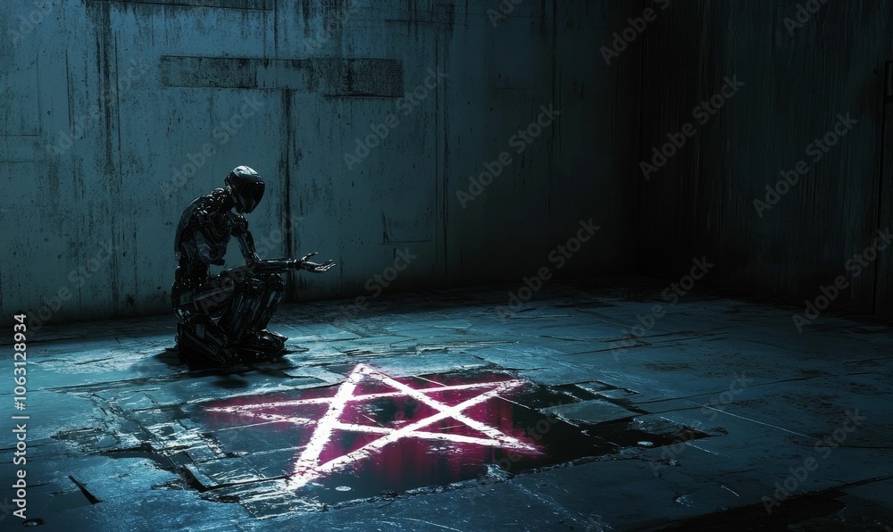 Obraz premium Robot kneeling before pentagram in dark room.