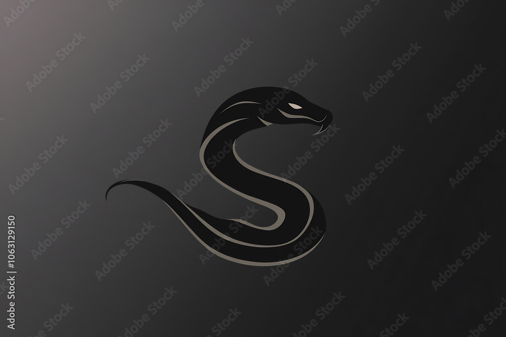 Naklejka premium A sleek black snake silhouette coiling on a dark background, showcasing a minimalist design with bold lines and sharp features