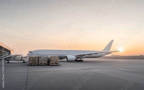 A cargo plane on the tarmac during sunset, with pallets ready for loading under a warm sky. Copy space available