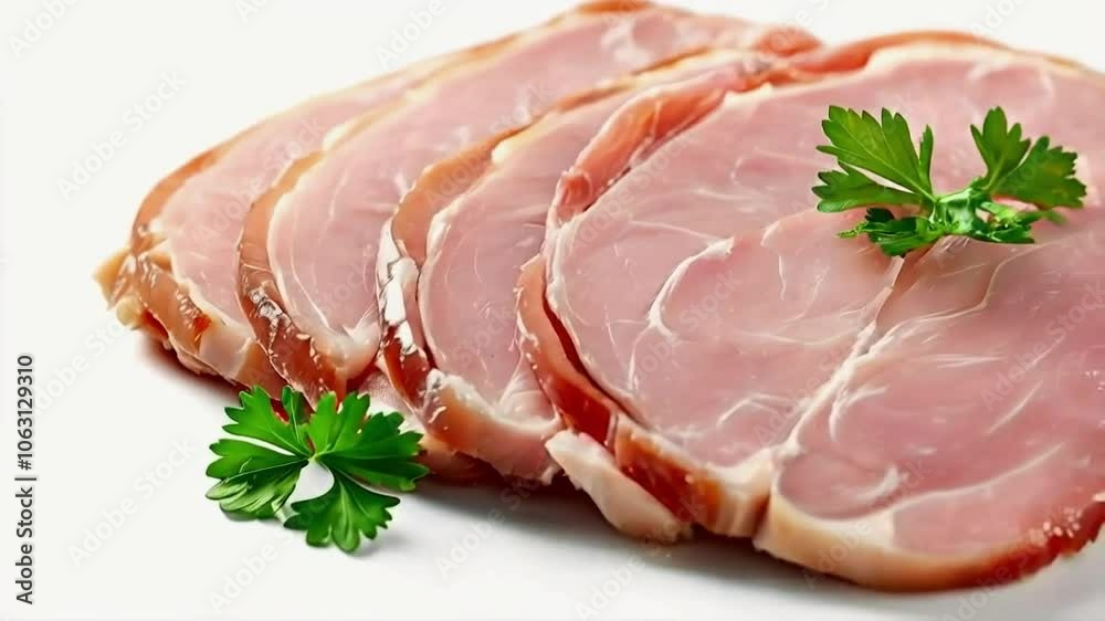 Delicious Slices of Smoked Meat with Parsley Garnish isolated on white background Delicious Slices of Smoked Meat with Parsley Garnish isolated on white background