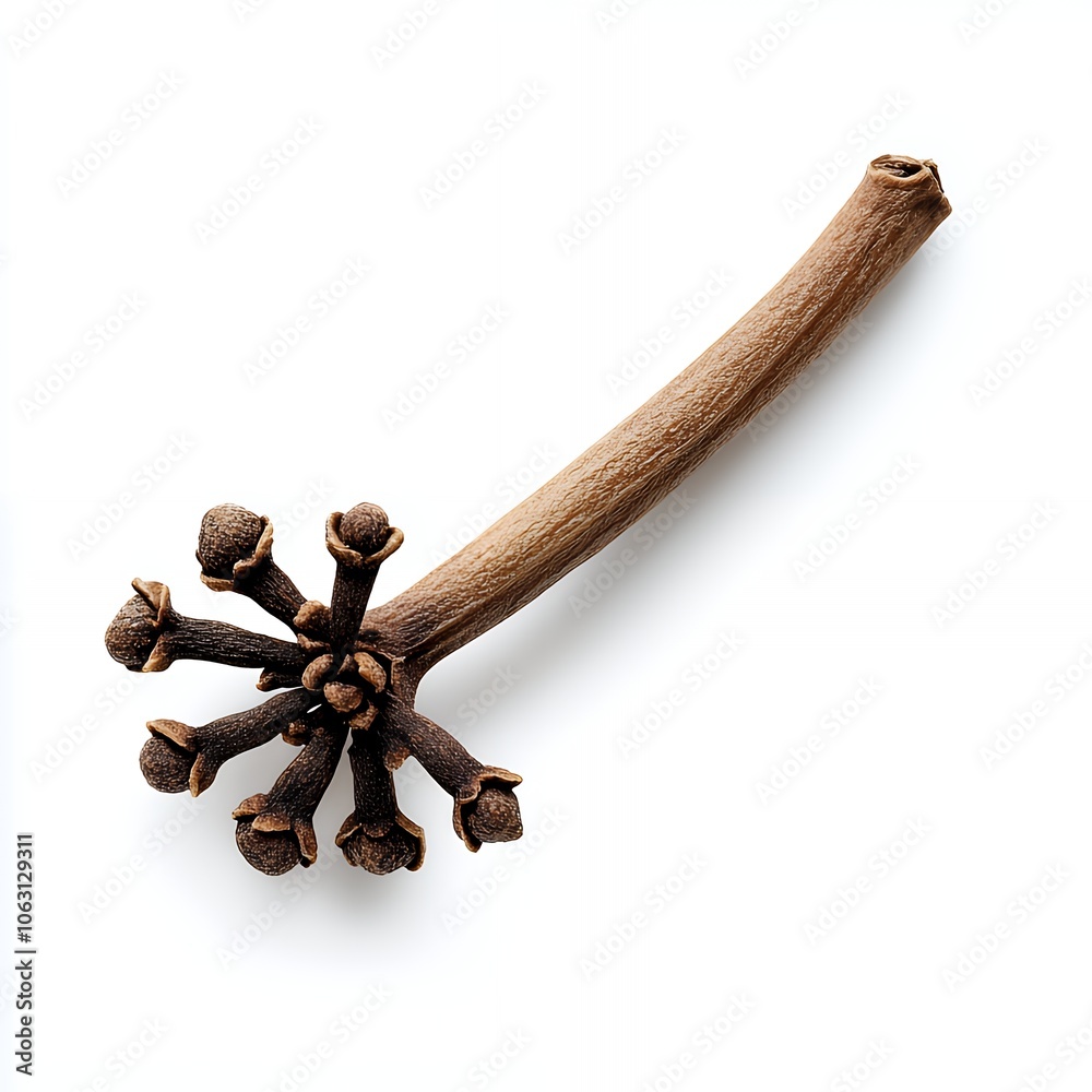 A single clove bud with a long stem on a white background.