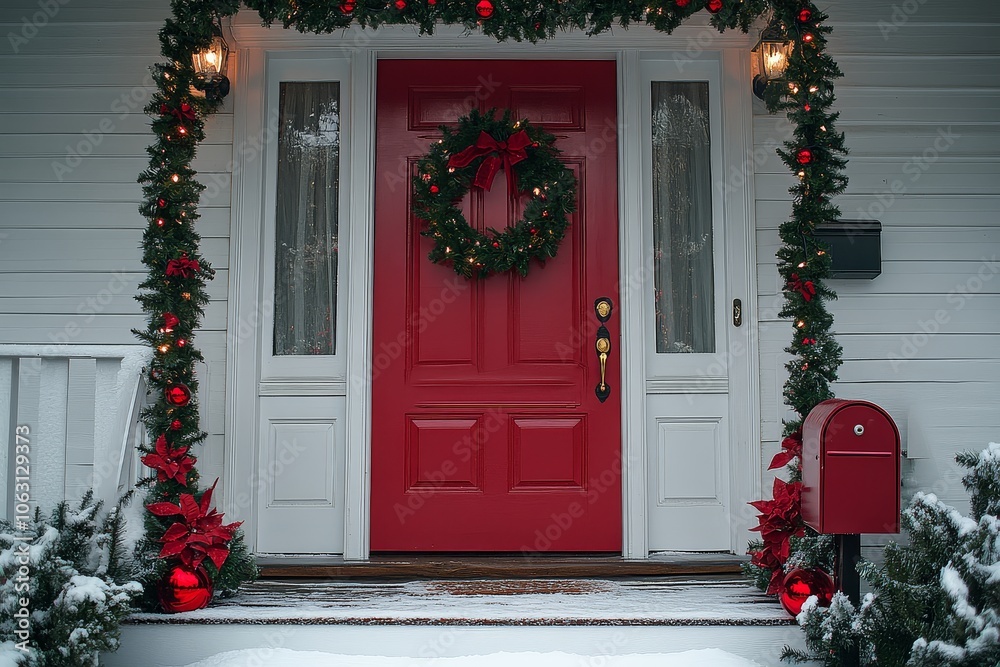 Fototapeta premium Red Front Door with Festive Garlands and Outdoor Mailbox Filled with Christmas Letters from Family