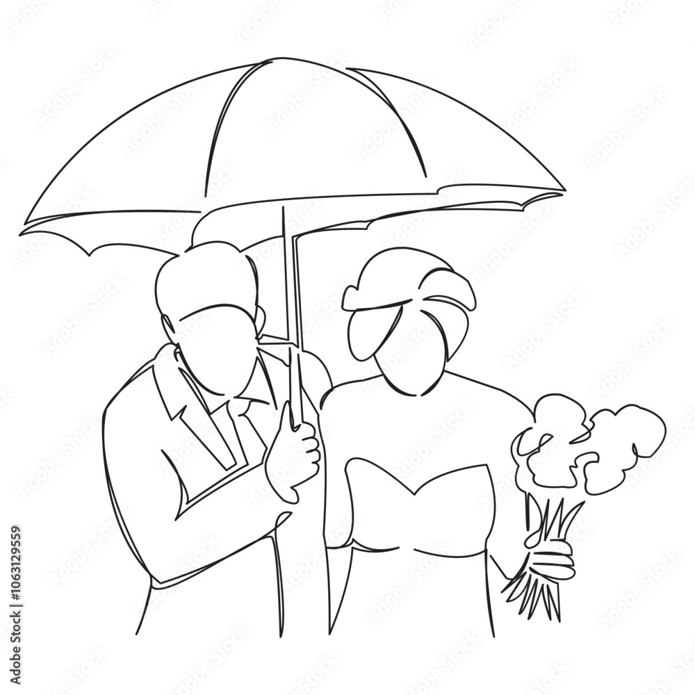 One continuous single drawing line art flat doodle newlywed, people, couple, love, bride, umbrella, wedding. Isolated image hand draw contour on a white background
