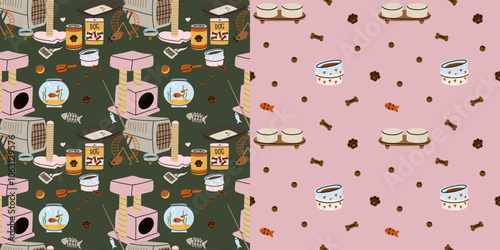 Pet animals accessories seamless pattern. Dog and cat house. Cage and bed. Food bows, toys. Veterinarian shop. Canine and feline. Textile wrapping, wallpaper. Print for fabric. Vector cartoon flat set