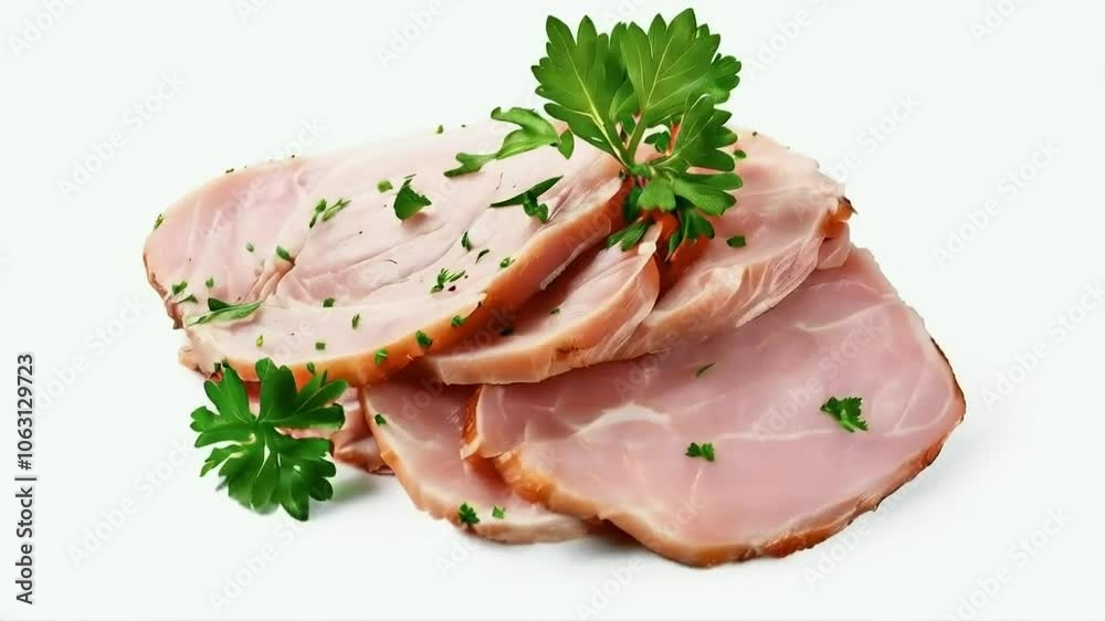 Delicious Sliced Meat with Parsley Garnish isolated on white background Delicious Sliced Meat with Parsley Garnish isolated on white background