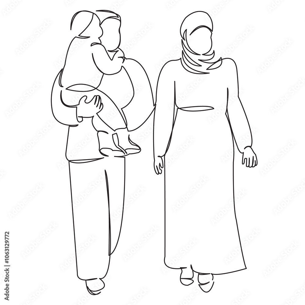 Fototapeta premium One continuous single drawing line art flat doodle woman, muslim, family, people, child, islam, traditional. Isolated image hand draw contour on a white background 