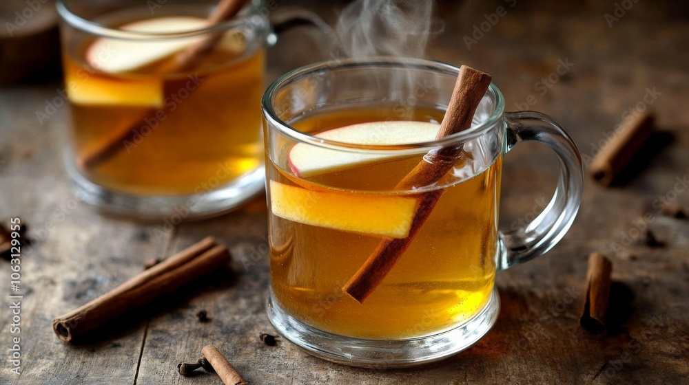Hot Apple Cider: A glass mug of hot spiced apple cider drink with apple slices, and cinnamon sticks.