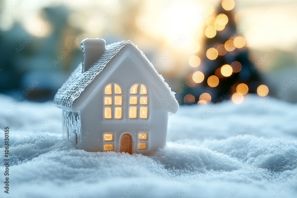 White Ceramic House Model on Snow with Blurred Christmas Tree and Warm Window Lights in Background, Cozy Holiday Scene. White Ceramic House Model on Snow with Blurred Christmas Tree and Warm Window Lights in Background, Cozy Holiday Scene.