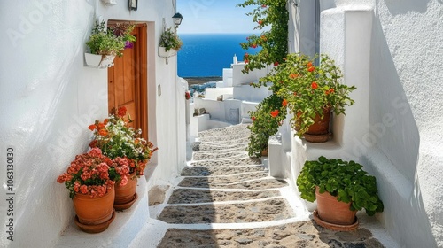 Fototapeta Naklejka Na Ścianę i Meble -  Narrow streets of Santorini lined with white buildings, with a sea view in the background.