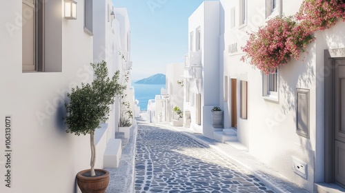 Fototapeta Naklejka Na Ścianę i Meble -  Narrow streets of Santorini lined with white buildings, with a sea view in the background.
