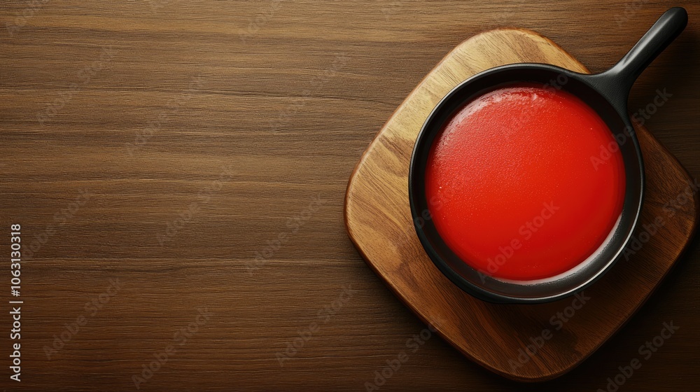 Pan of tomato sauce, on wooden board with rich brown background, top view for food design Pan of tomato sauce, on wooden board with rich brown background, top view for food design