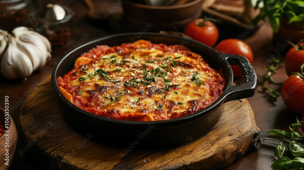 Pan with tomato sauce, placed on rustic wood chopping board, rich brown background Pan with tomato sauce, placed on rustic wood chopping board, rich brown background