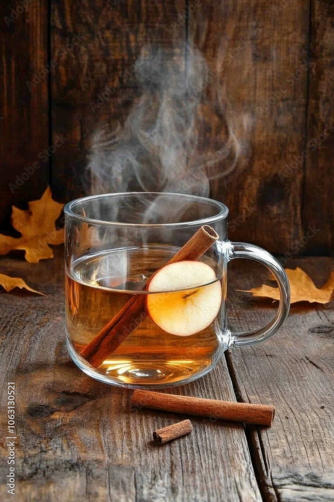 Hot Apple Cider: A glass mug of hot spiced apple cider drink with apple slices, and cinnamon sticks. Hot Apple Cider: A glass mug of hot spiced apple cider drink with apple slices, and cinnamon sticks.