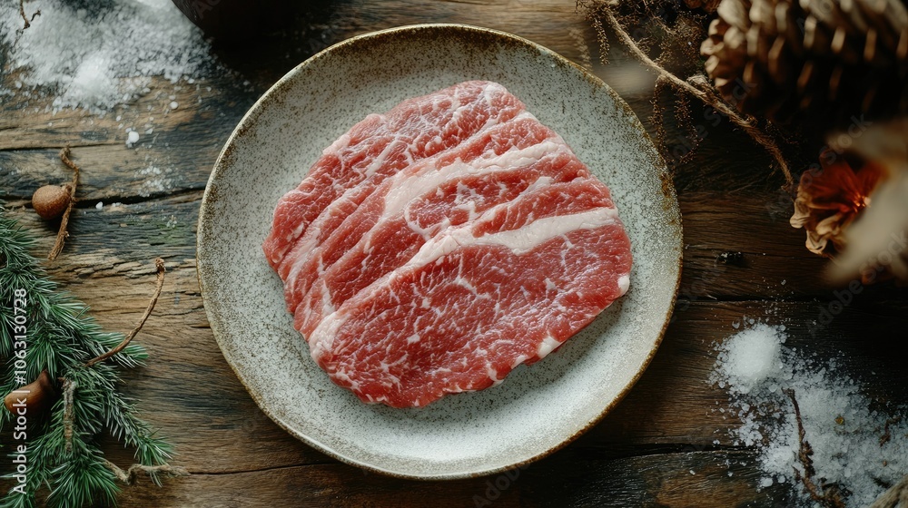 Plate of snowflake marbled beef on rustic table, highlighting texture and quality for hot pot. Plate of snowflake marbled beef on rustic table, highlighting texture and quality for hot pot.