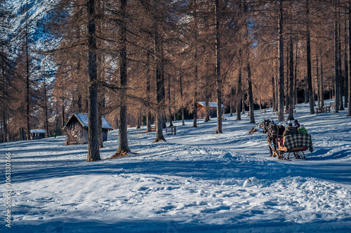 Dolomites in winter. Val Fiscalina, between peaks, larch forests, mountain pines and warm huts.