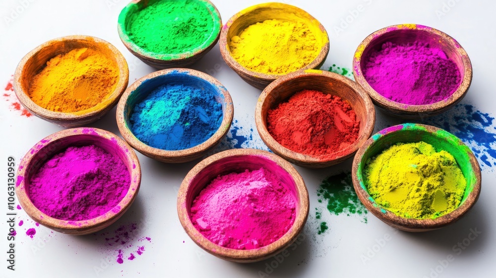 Playful Holi powder spread on white background, with colors in vivid splashes and patterns Playful Holi powder spread on white background, with colors in vivid splashes and patterns