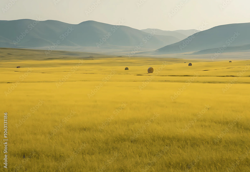 Obraz premium Minimalistic grassland with a glowing yellow core in the center, under an expansive sky. Serene, cinematic landscape with soft, golden hues.