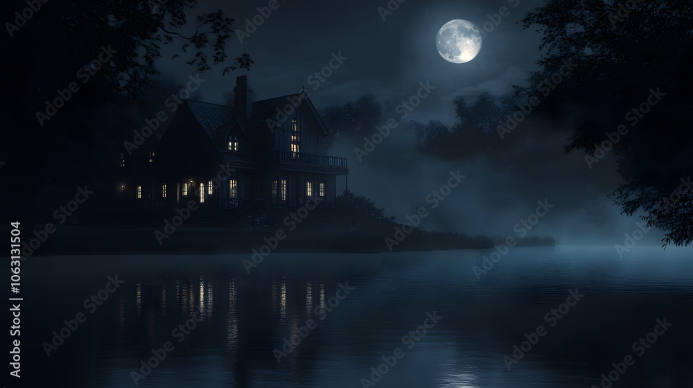 A Mysterious House on a Foggy Lake Under a Full Moon A Mysterious House on a Foggy Lake Under a Full Moon