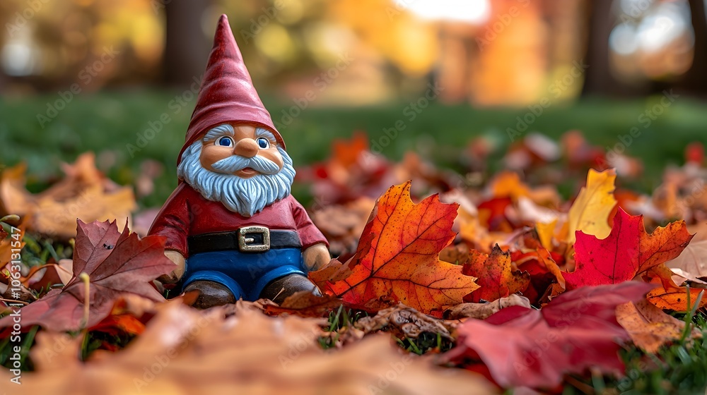 Naklejka premium Charming Garden Gnome Among Vibrant Autumn Leaves on a Green Lawn