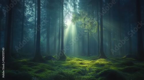 Sunlight streaming in lush forest 