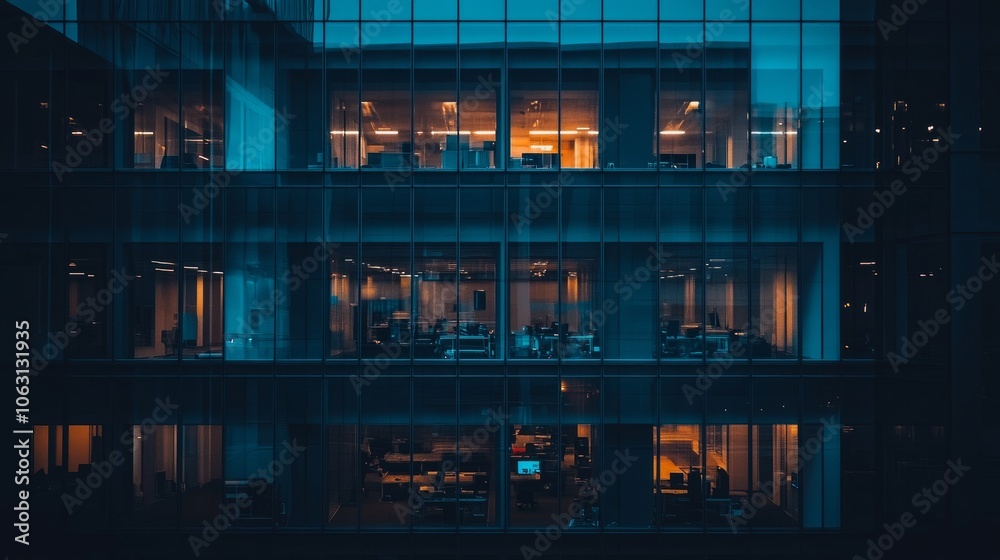 View of a modern office building at dusk, with lights glowing from inside and a sleek glass facade reflecting the evening sky. View of a modern office building at dusk, with lights glowing from inside and a sleek glass facade reflecting the evening sky.