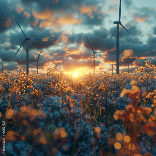 Concept of sustainable energy solutions in beautiful sunset light